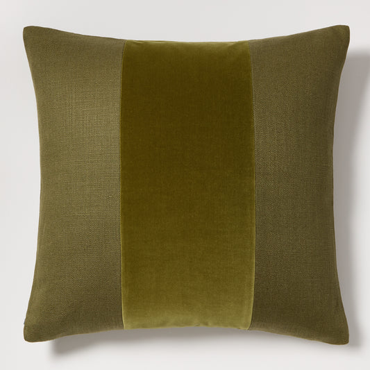 Pesto green 22" square linen and velvet pillow with a wide tonal velvet stripe.
