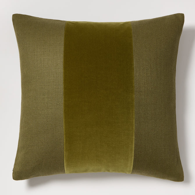 Pesto green 22" square linen and velvet pillow with a wide tonal velvet stripe.