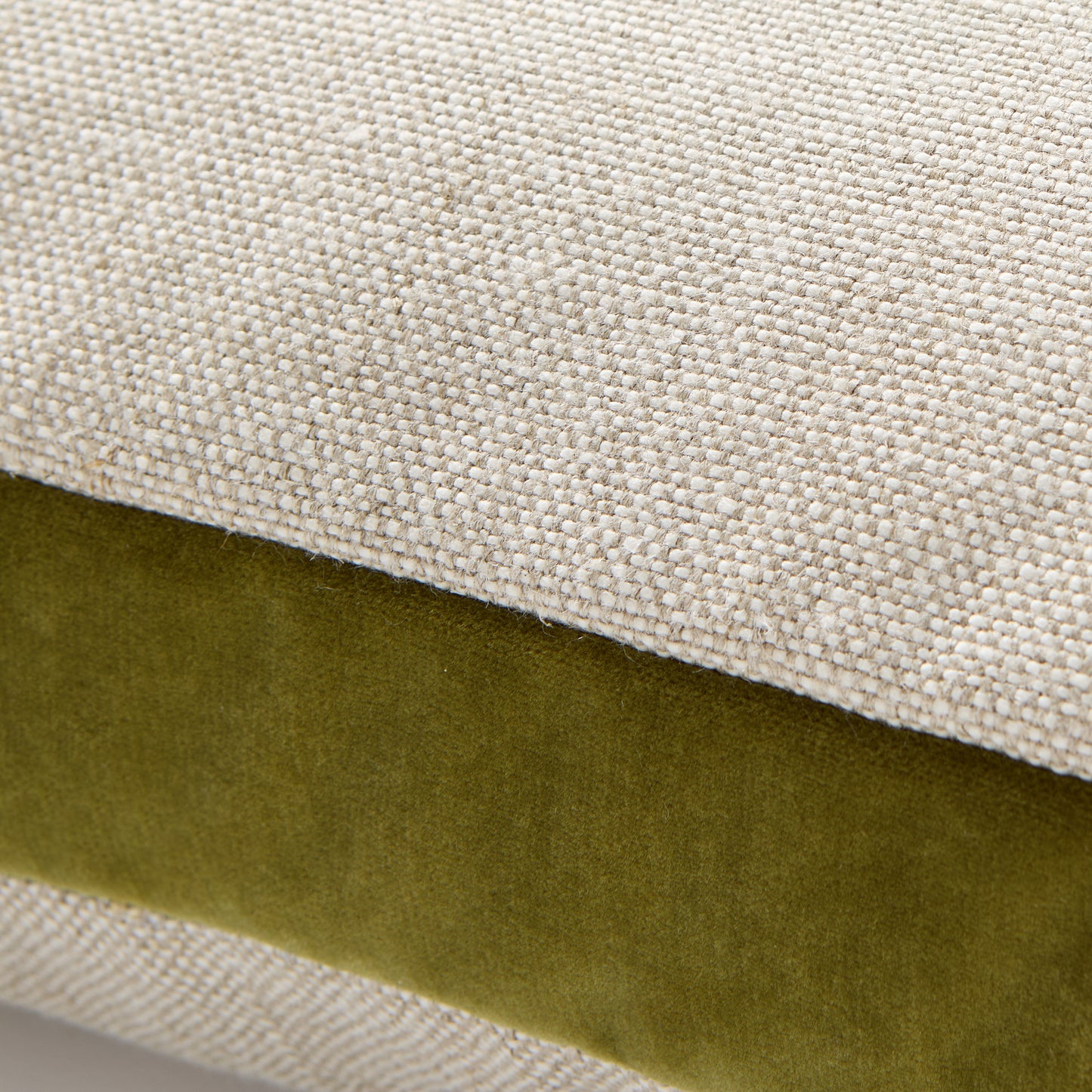 Pesto green velvet and natural linen square pillow with gusset detail.