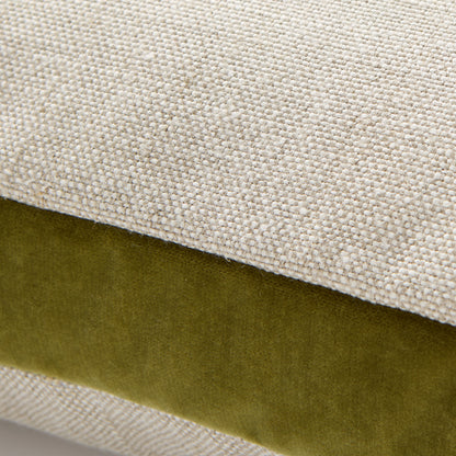 Pesto green velvet and natural linen square pillow with gusset detail.