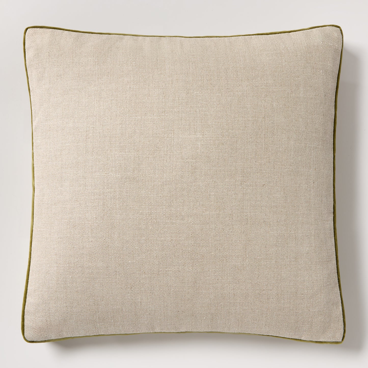 Pesto green velvet and natural linen square pillow with gusset, 22" square.