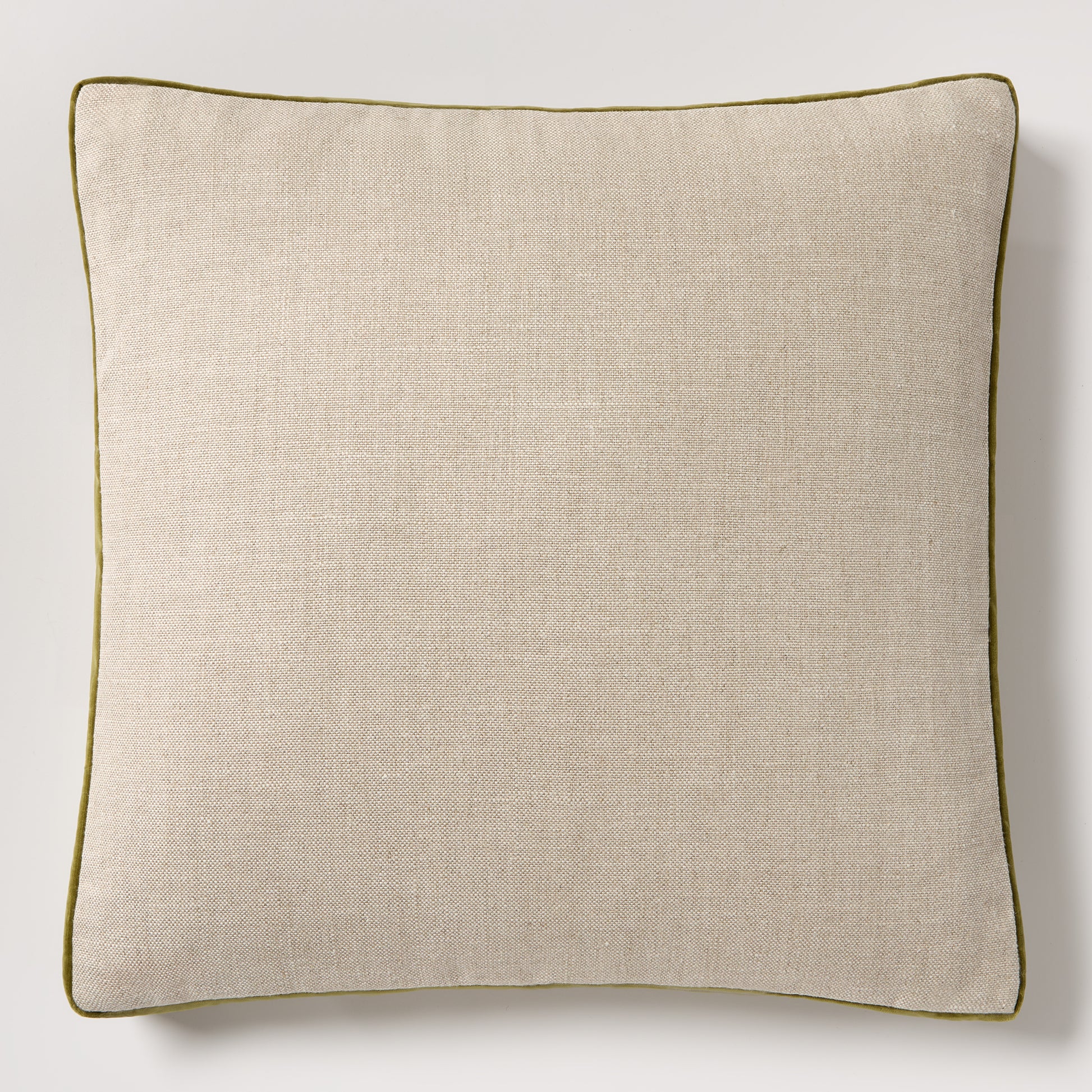 Pesto green velvet and natural linen square pillow with gusset, 22" square.