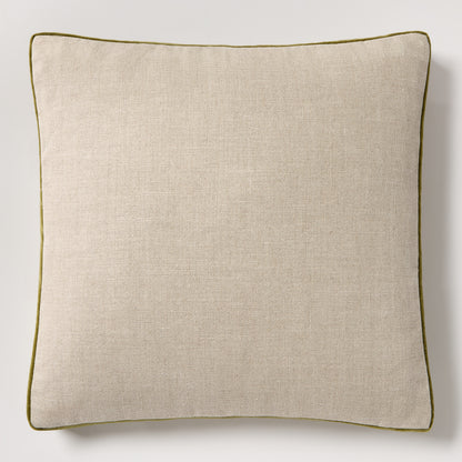 Pesto green velvet and natural linen square pillow with gusset, 22" square.