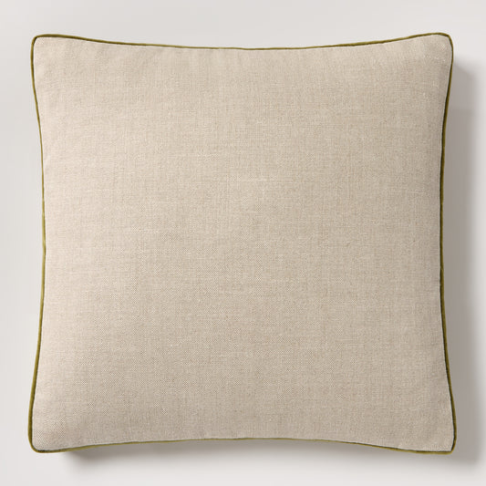 Pesto green velvet and natural linen square pillow with gusset, 22" square.