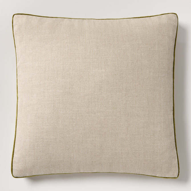 Pesto green velvet and natural linen square pillow with gusset, 22" square.