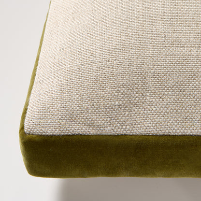 Pesto green velvet and natural Belgian flax linen gusseted lumbar pillow, 20"L x 14"H.