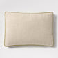 Pesto Green Velvet Gusseted and Linen Lumbar Pillow, 20"L x 14"H, with down feather stuffing.