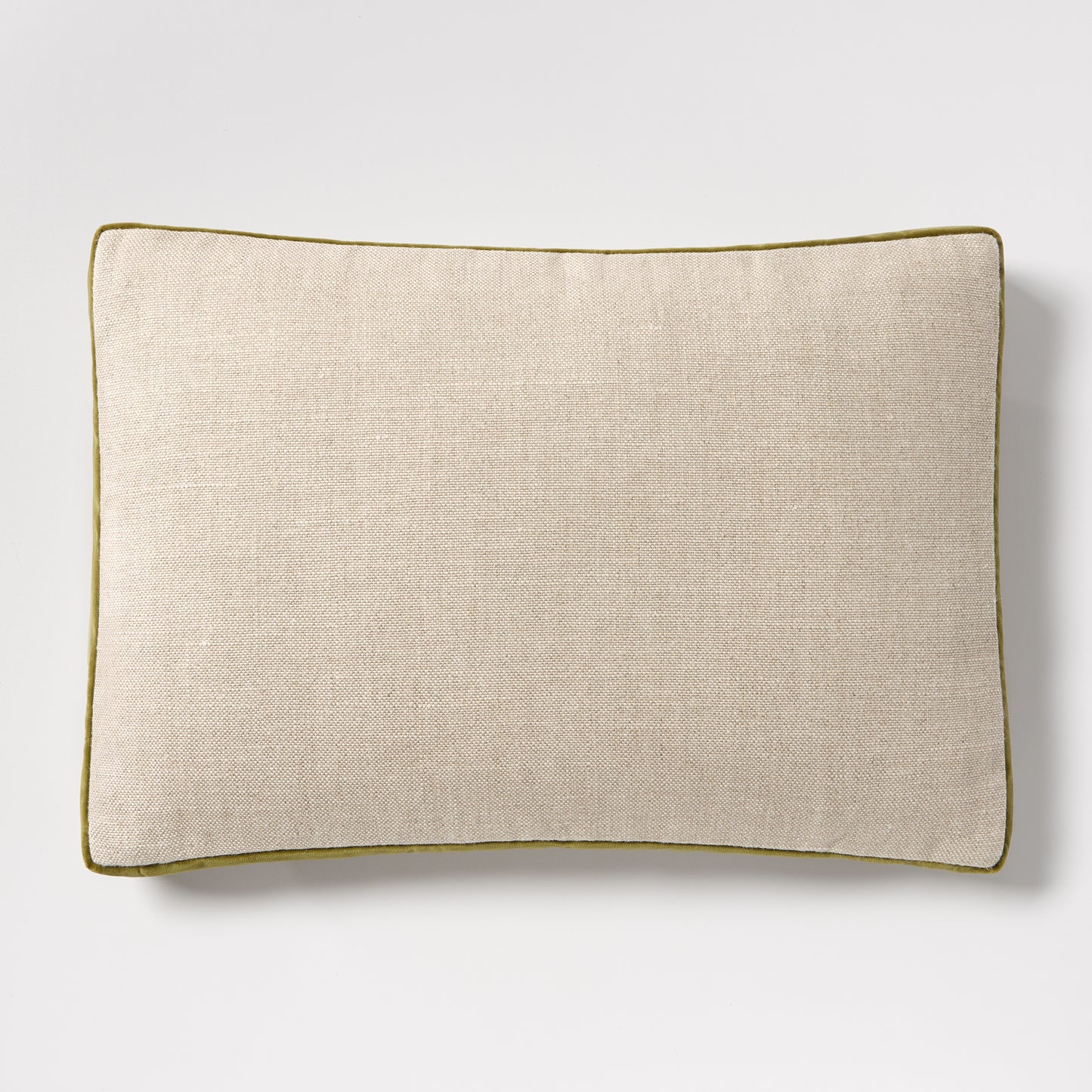 Pesto Green Velvet Gusseted and Linen Lumbar Pillow, 20"L x 14"H, with down feather stuffing.