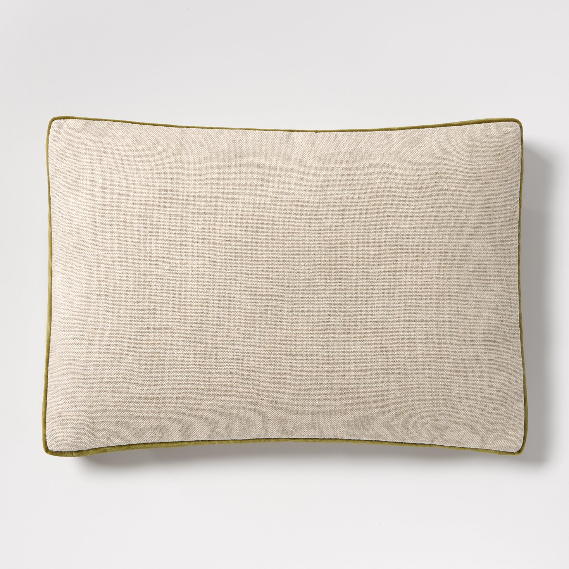 Pesto Green Velvet Gusseted and Linen Lumbar Pillow, 20"L x 14"H, with down feather stuffing.