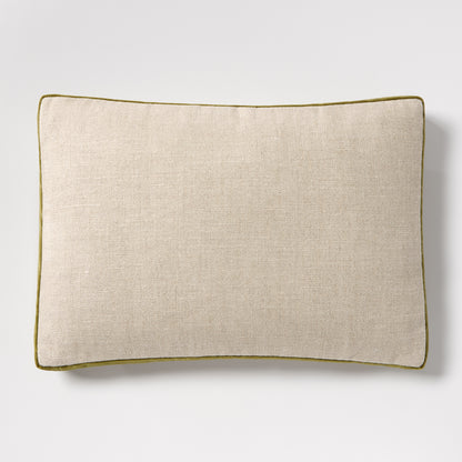 Pesto Green Velvet Gusseted and Linen Lumbar Pillow, 20"L x 14"H, with down feather stuffing.