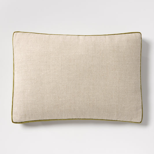 Pesto Green Velvet Gusseted and Linen Lumbar Pillow, 20"L x 14"H, with down feather stuffing.