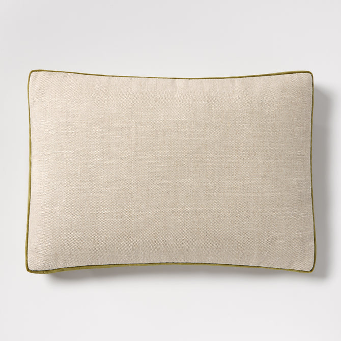 Pesto Green Velvet Gusseted and Linen Lumbar Pillow, 20"L x 14"H, with down feather stuffing.