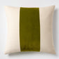20x14 inch rectangular pillow in beige linen with a wide, centered pesto green velvet stripe and subtle flange edge.