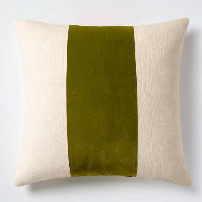 20x14 inch rectangular pillow in beige linen with a wide, centered pesto green velvet stripe and subtle flange edge.