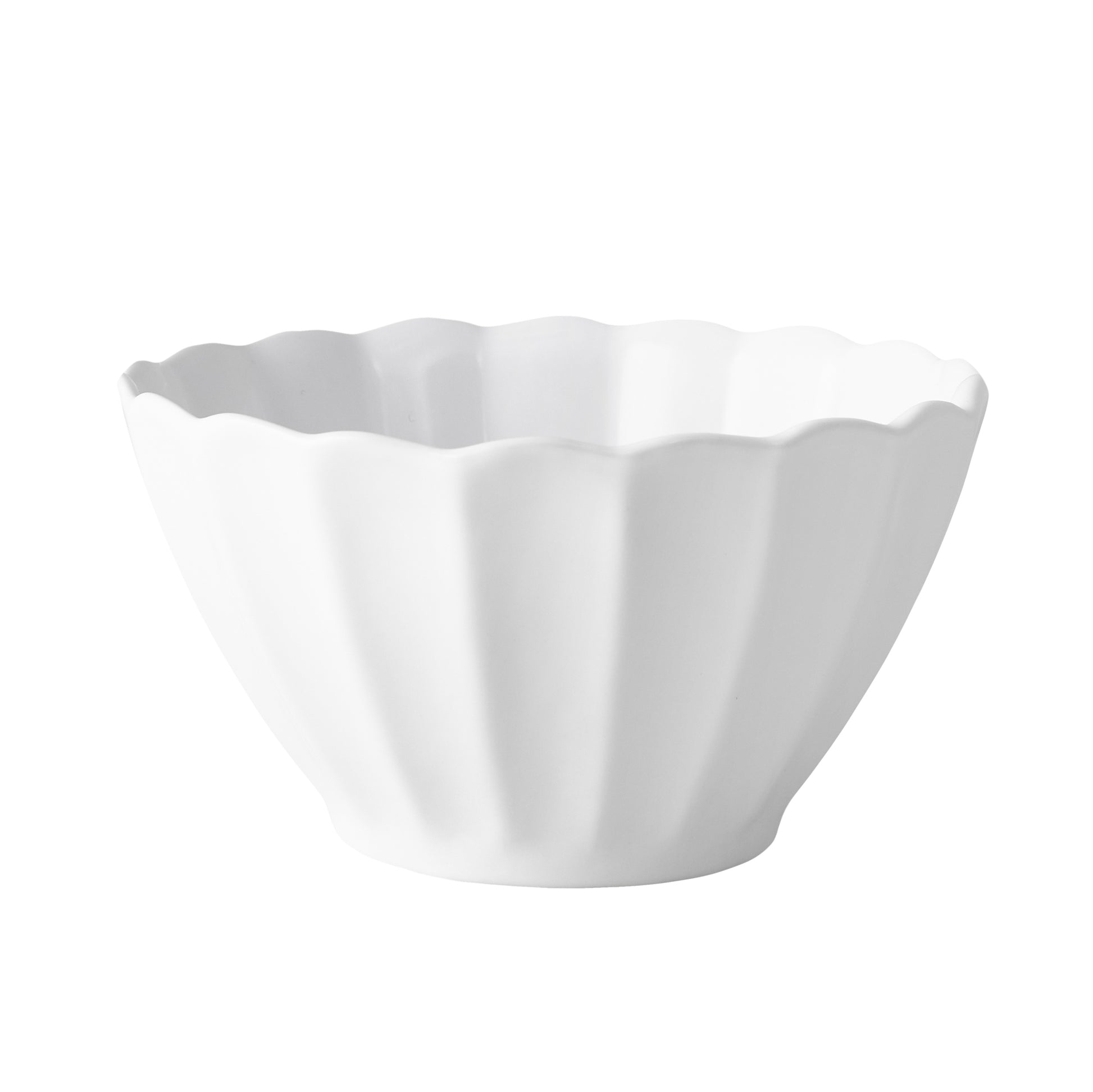 White Petal Stoneware Bowl with a scalloped rim and fluted sides, 6" diameter.