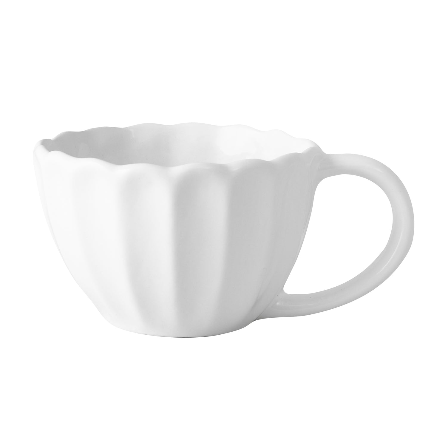 White Petal Stoneware Mug, 11.83oz, with rounded edges and vintage-inspired scalloped design.