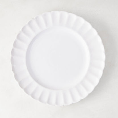 White Petal Stoneware Salad Plate, 9.25" diameter, with vintage-inspired rounded, glazed ceramic edges.