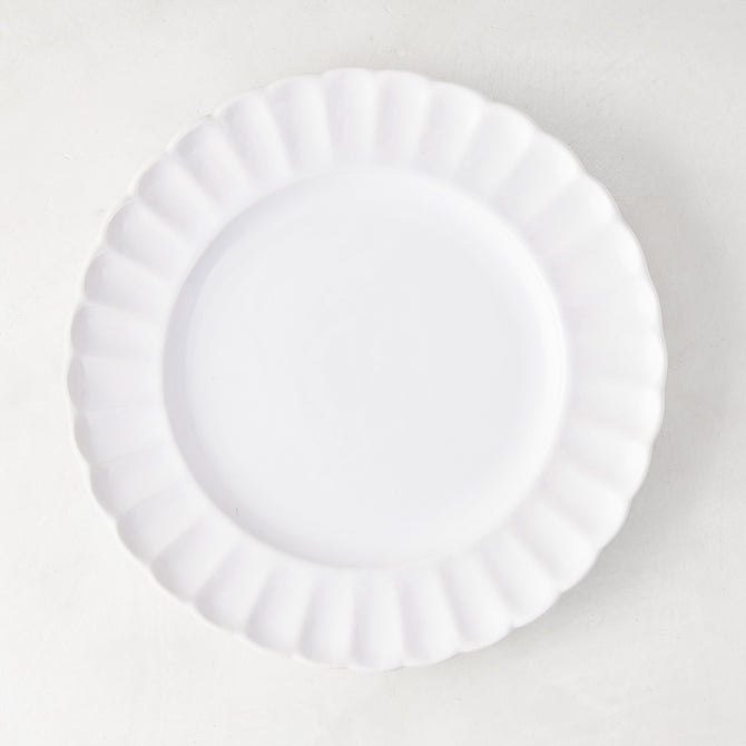 White Petal Stoneware Salad Plate, 9.25" diameter, with vintage-inspired rounded, glazed ceramic edges.