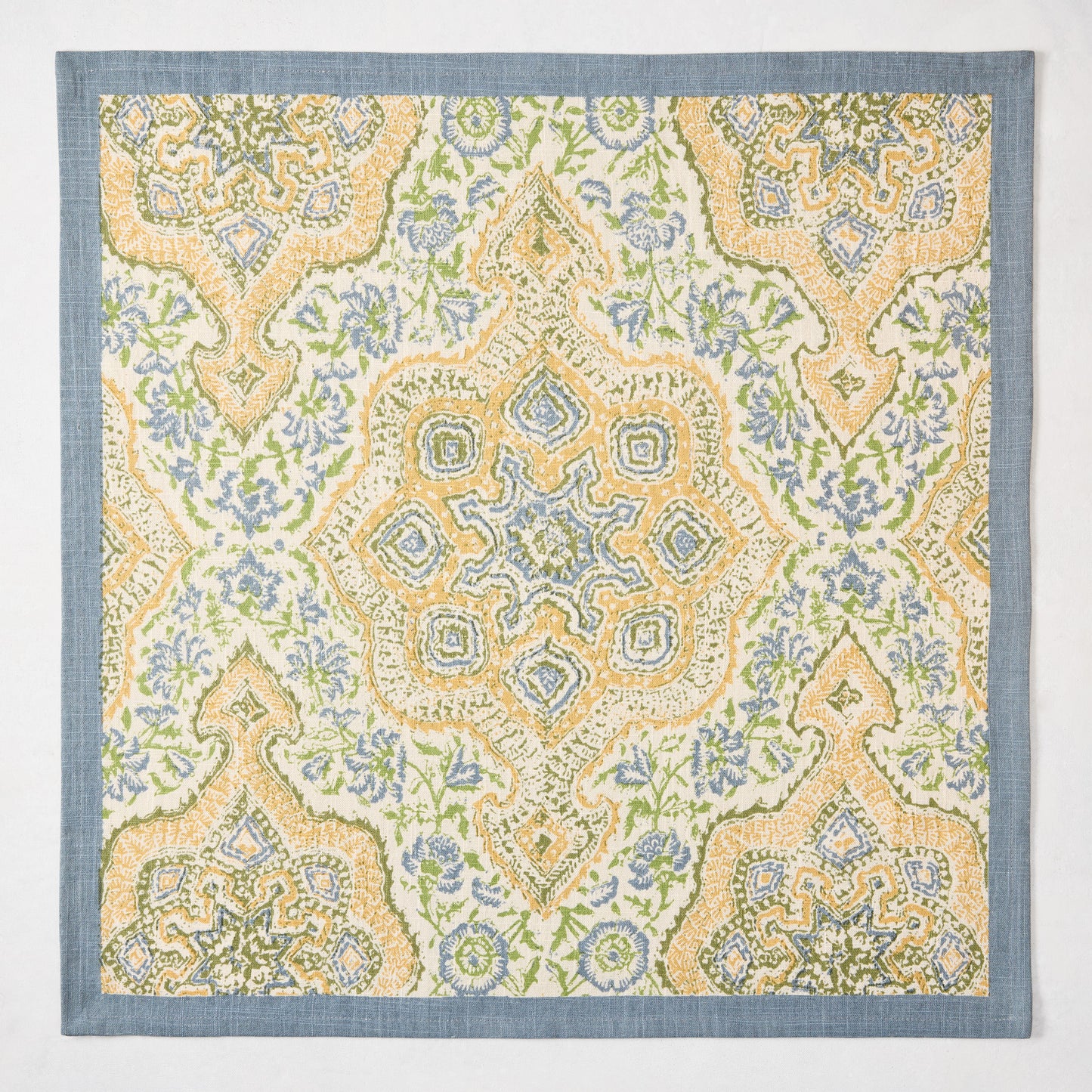 Peter Dunham + Hudson Grace Blue and Green Deeg Printed Napkin, 100% cotton slub with blue border.