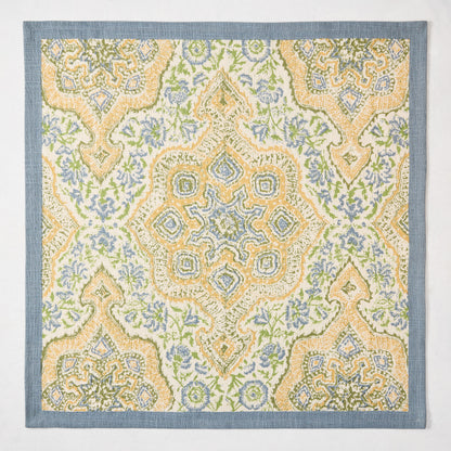 Peter Dunham + Hudson Grace Blue and Green Deeg Printed Napkin, 100% cotton slub with blue border.
