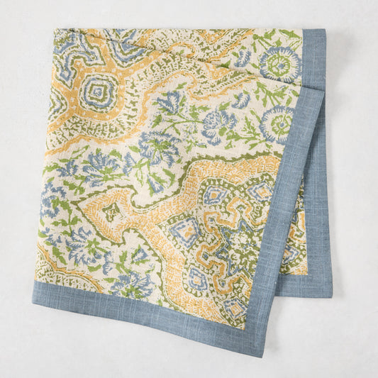 Peter Dunham + Hudson Grace Blue and Green Deeg Printed Napkin, 100% cotton slub with blue border.
