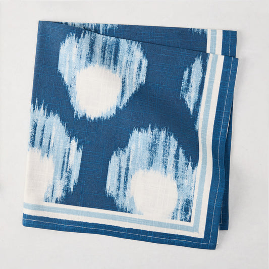 Peter Dunham + Hudson Grace Blue Bukhara Ikat Printed Napkin, 100% cotton slub, folded.