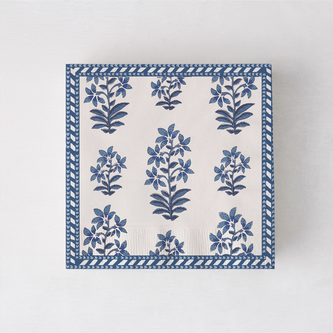 Peter Dunham + Hudson Grace Shani cocktail napkins with blue botanical print and border.