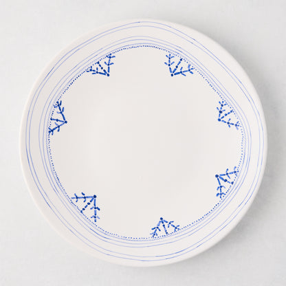 Peter Dunham + Hudson Grace Blue Fez dinner plate, white with hand-painted blue border pattern.