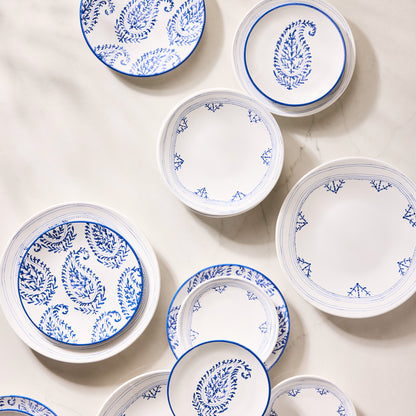 Peter Dunham + Hudson Grace Blue Fez hand-painted border salad plates with paisley and geometric patterns.
