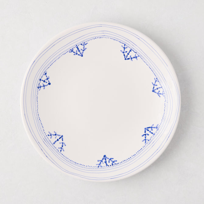 Peter Dunham + Hudson Grace Blue Fez hand-painted border salad plate, white with blue pattern.