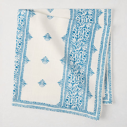 Peter Dunham + Hudson Grace Blue Fez Stripe Printed Napkin, 100% cotton slub, folded.