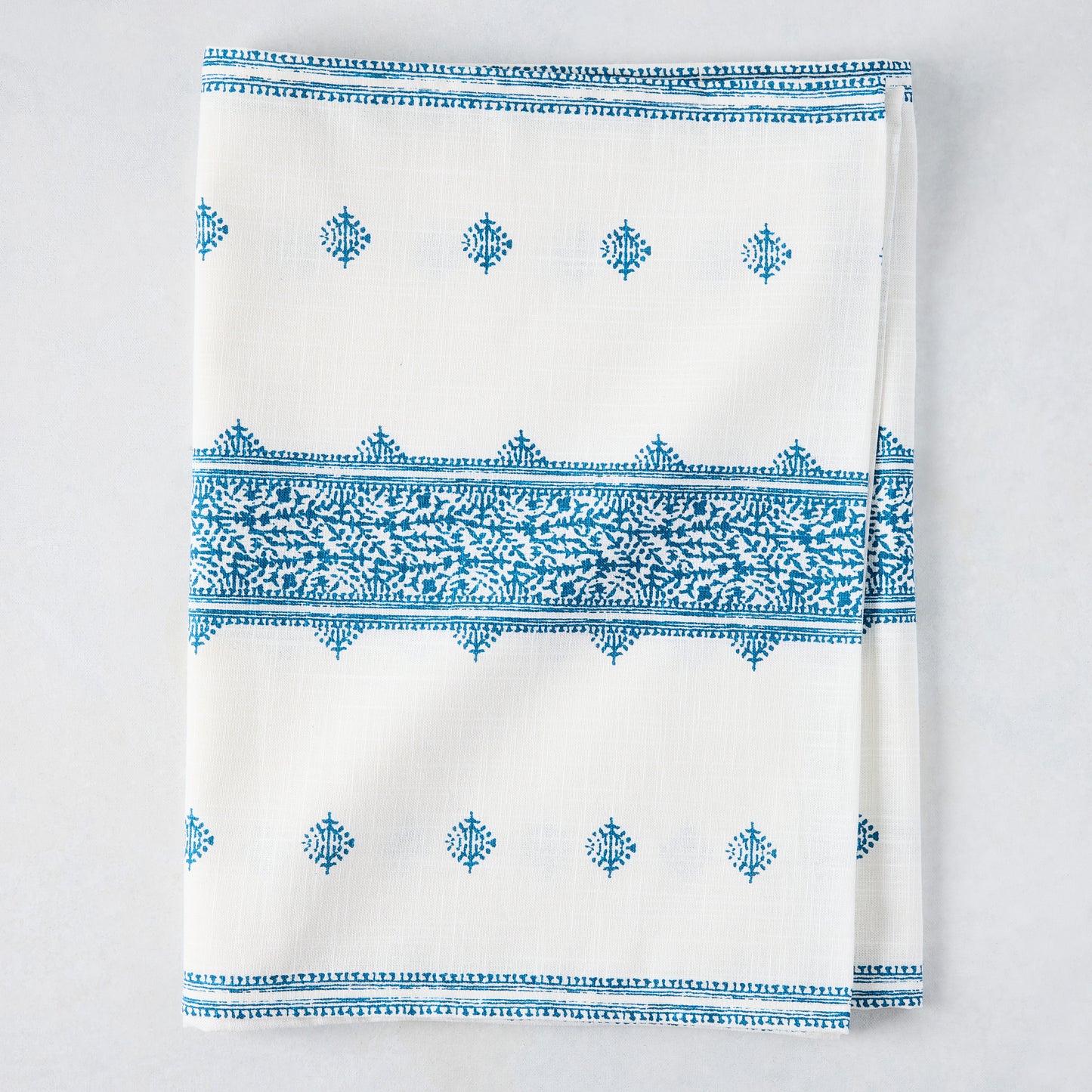 Peter Dunham + Hudson Grace Blue Fez Stripe cotton slub runner, 108"x18", with intricate blue pattern.