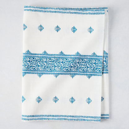 Peter Dunham + Hudson Grace Blue Fez Stripe cotton slub runner, 108"x18", with intricate blue pattern.