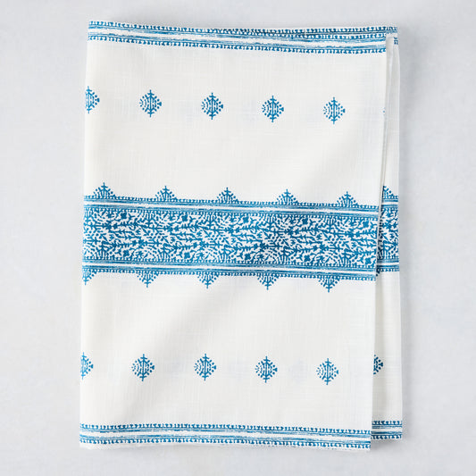 Peter Dunham + Hudson Grace Blue Fez Stripe cotton slub runner, 108"x18", with intricate blue pattern.