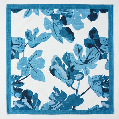 Peter Dunham + Hudson Grace Blue Fig Leaf Printed White Napkin, 100% cotton slub with blue border.