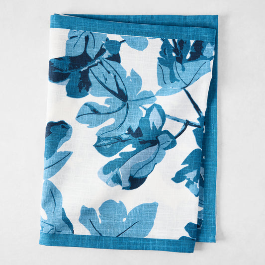 Peter Dunham + Hudson Grace Blue Fig Leaf Printed White Runner, 100% cotton slub, folded.