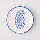 Peter Dunham + Hudson Grace blue hand-painted Kashmir paisley appetizer plate, white ceramic with blue rim.