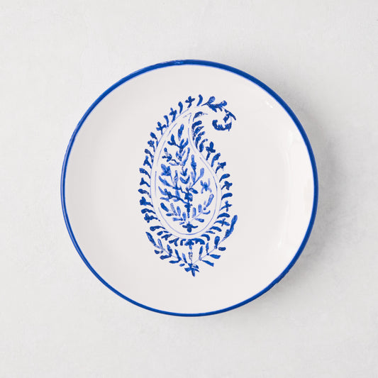 Peter Dunham + Hudson Grace blue hand-painted Kashmir paisley appetizer plate, white ceramic with blue rim.
