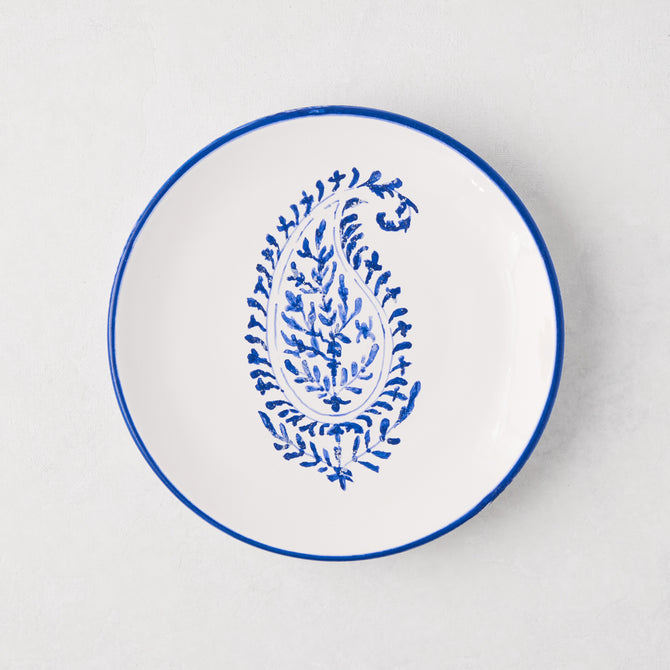 Peter Dunham + Hudson Grace blue hand-painted Kashmir paisley appetizer plate, white ceramic with blue rim.
