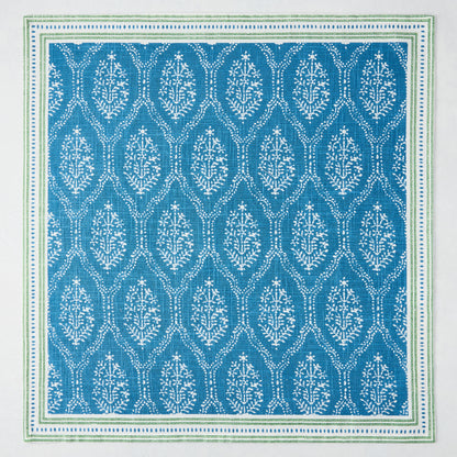 Peter Dunham + Hudson Grace Blue Jaali Printed Napkin, 100% cotton slub with green border.