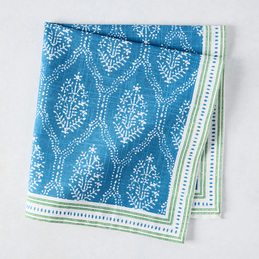 Peter Dunham + Hudson Grace Blue Jaali Printed Napkin, 100% cotton slub, with green border.