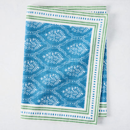 Peter Dunham + Hudson Grace Blue Jaali Printed Runner, 100% cotton slub, with green border.