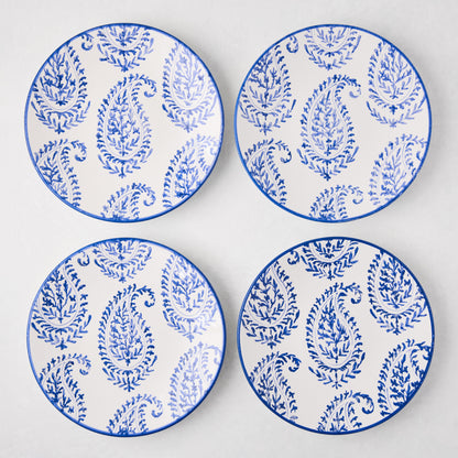 Four Peter Dunham + Hudson Grace Blue Kashmir hand-painted paisley salad plates.