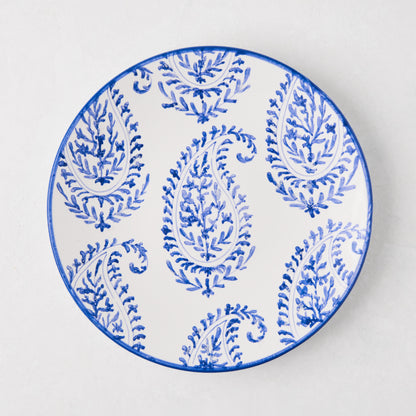 Peter Dunham + Hudson Grace Blue Kashmir hand-painted paisley salad plate, white with blue design.