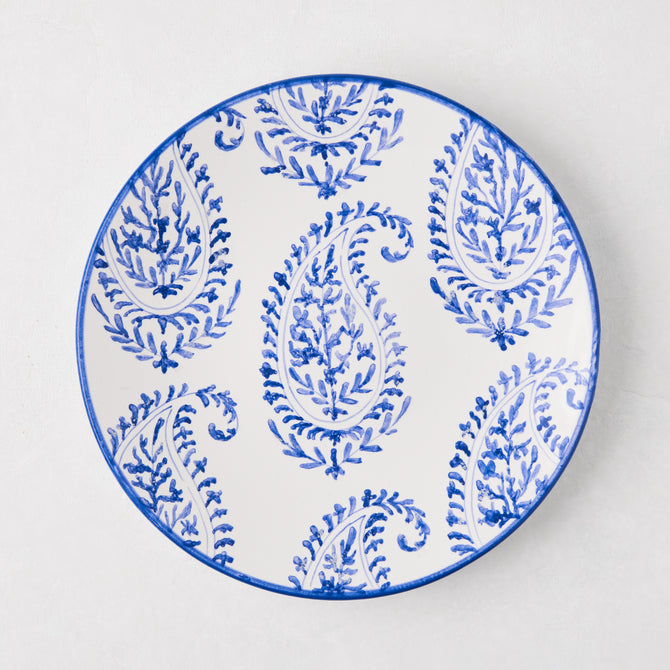Peter Dunham + Hudson Grace Blue Kashmir hand-painted paisley salad plate, white with blue design.