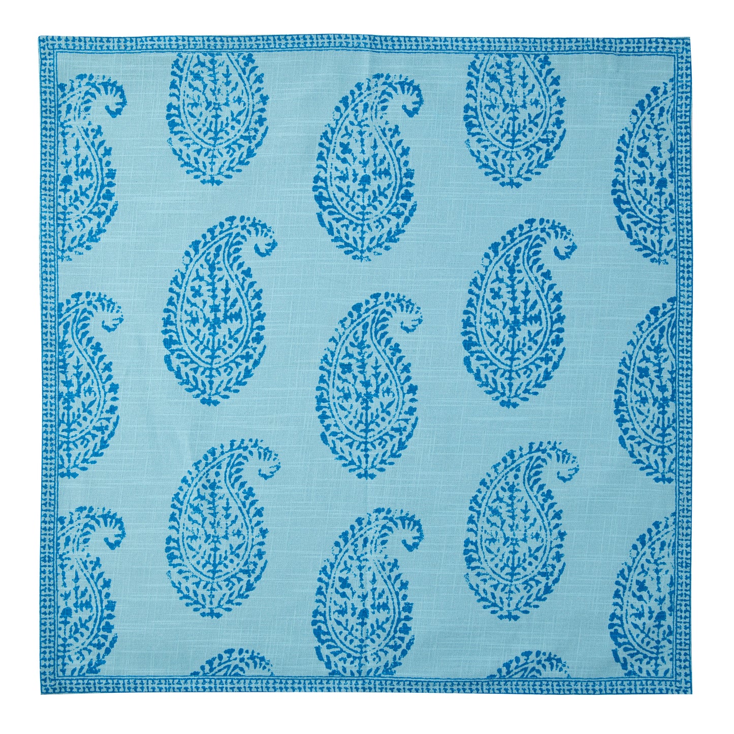 Peter Dunham + Hudson Grace Blue Kashmir Paisley Printed Napkin, light blue fabric with darker blue paisley pattern.