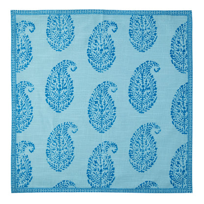 Peter Dunham + Hudson Grace Blue Kashmir Paisley Printed Napkin, light blue fabric with darker blue paisley pattern.