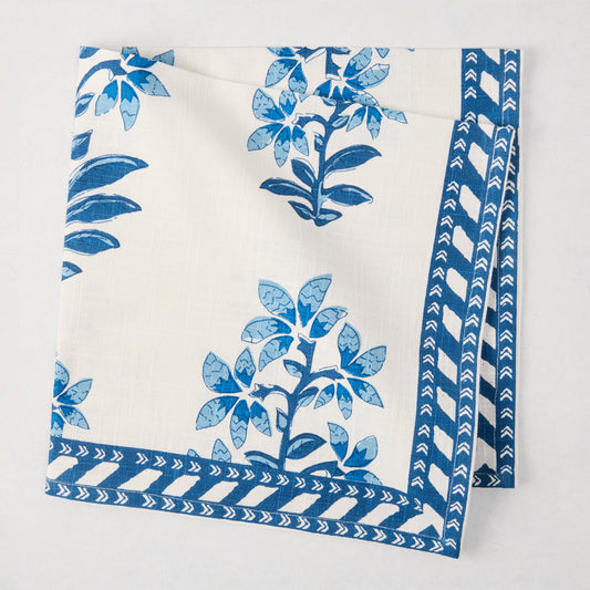 Peter Dunham + Hudson Grace Blue Shani Floral Printed Napkin, 100% cotton slub with botanical and border pattern.