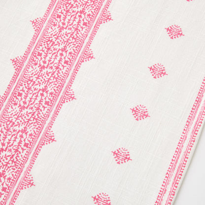 Bright pink Fez print on white 100% cotton slub table runner with intricate embroidery-inspired patterns.