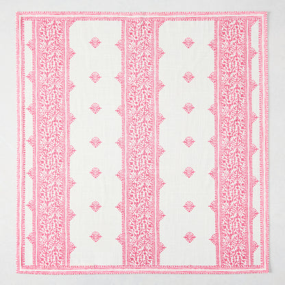 Bright pink Fez Stripe printed cotton slub napkin with intricate vintage embroidery-inspired pattern.